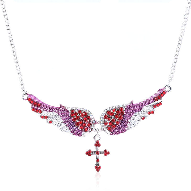 Angel Wing Necklace (Pink) with Rhinestones-Encrusted Cross Pendant for Women