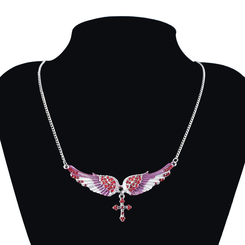 Angel Wing Necklace (Pink) with Rhinestones-Encrusted Cross Pendant for Women