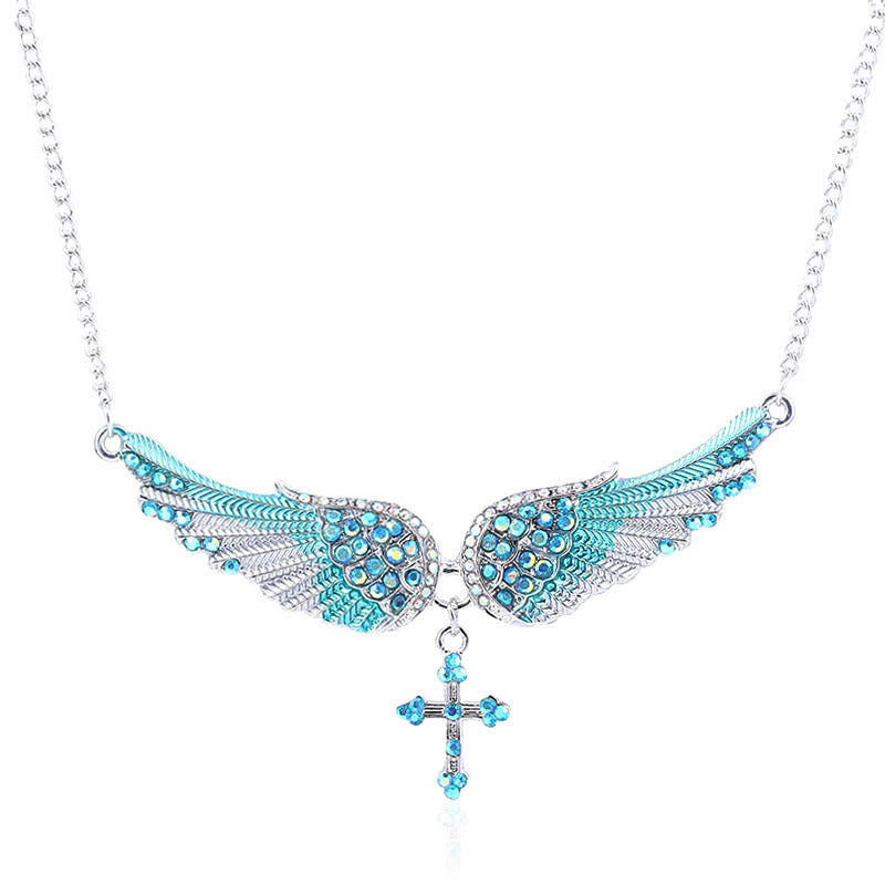 Angel Wing Necklace (Blue) with Rhinestones-Encrusted Cross Pendant for Women