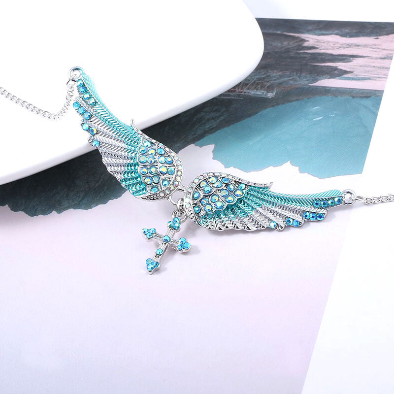 Angel Wing Necklace (Blue) with Rhinestones-Encrusted Cross Pendant for Women