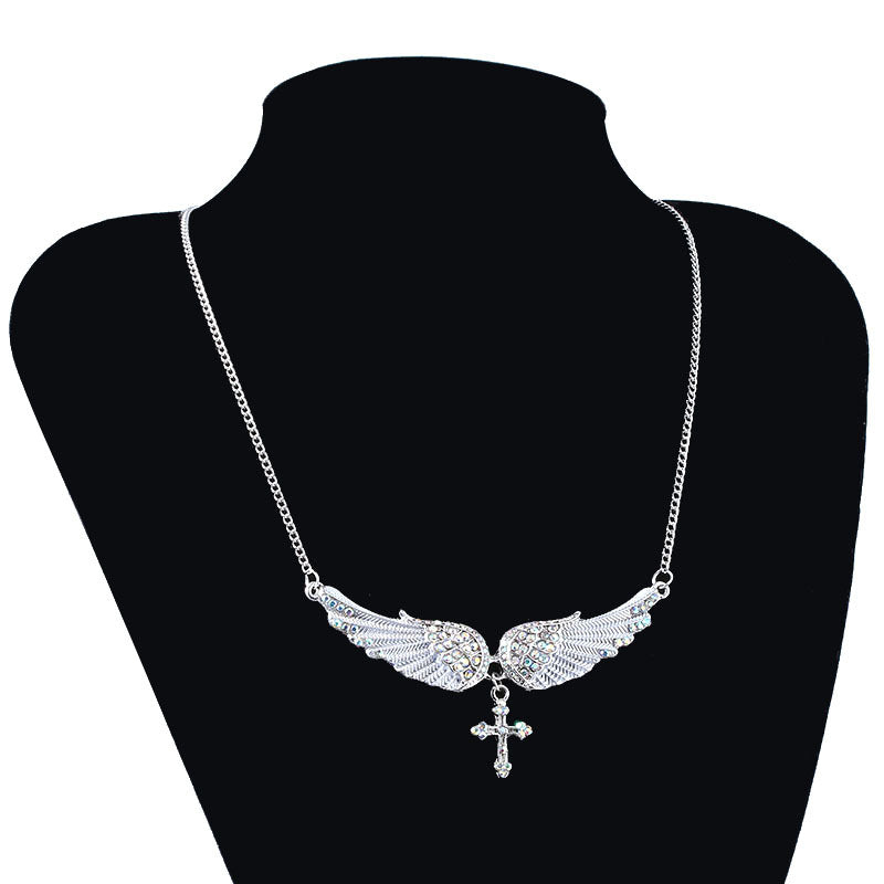 Angel Wing Necklace (Sliver) with Rhinestones-Encrusted Cross Pendant for Women